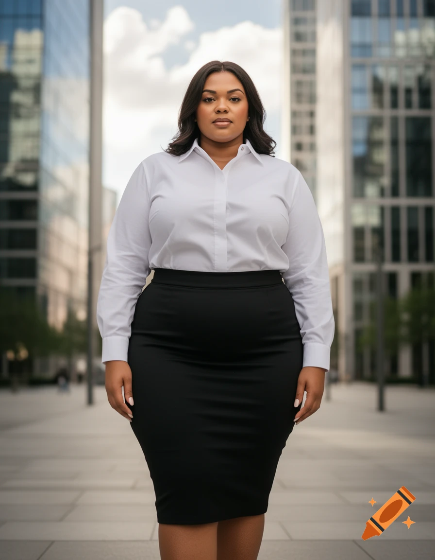 A plus-sized woman in a white shirt and black pencil skirt stands confidently in a city setting with modern buildings.