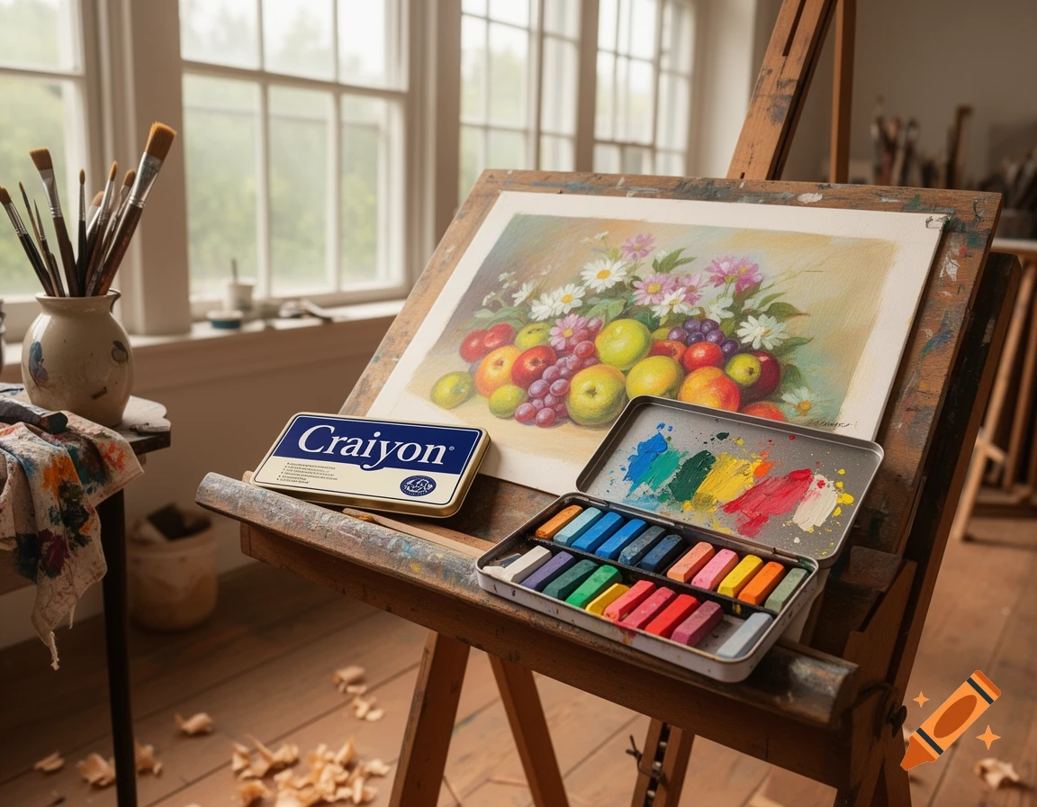 An artist's studio with an easel displaying a still life painting, alongside a box of Craiyon pastels and paintbrushes, near a window.