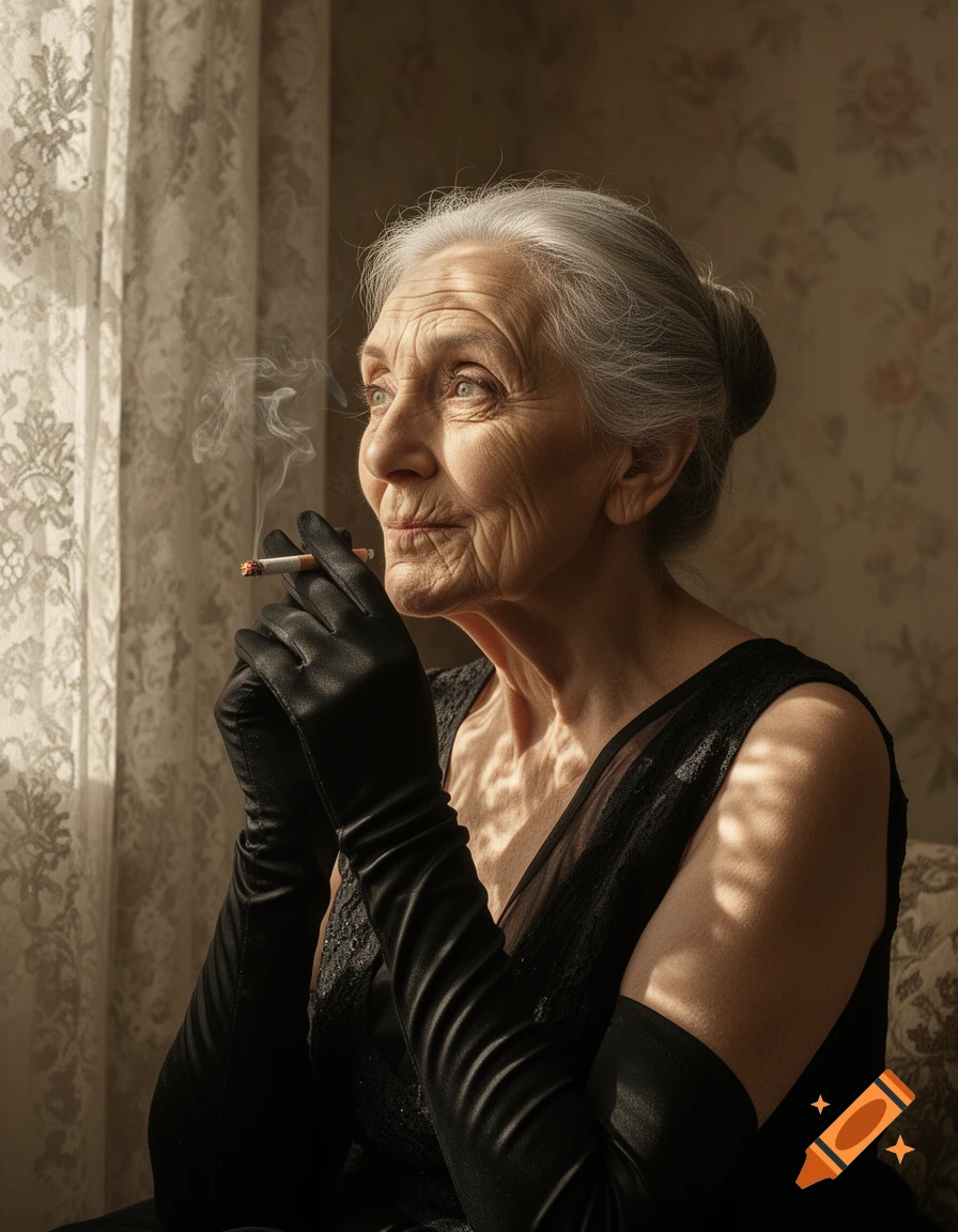 Elderly woman with gray hair, wearing long black gloves, smoking a cigarette by a sunlit window.
