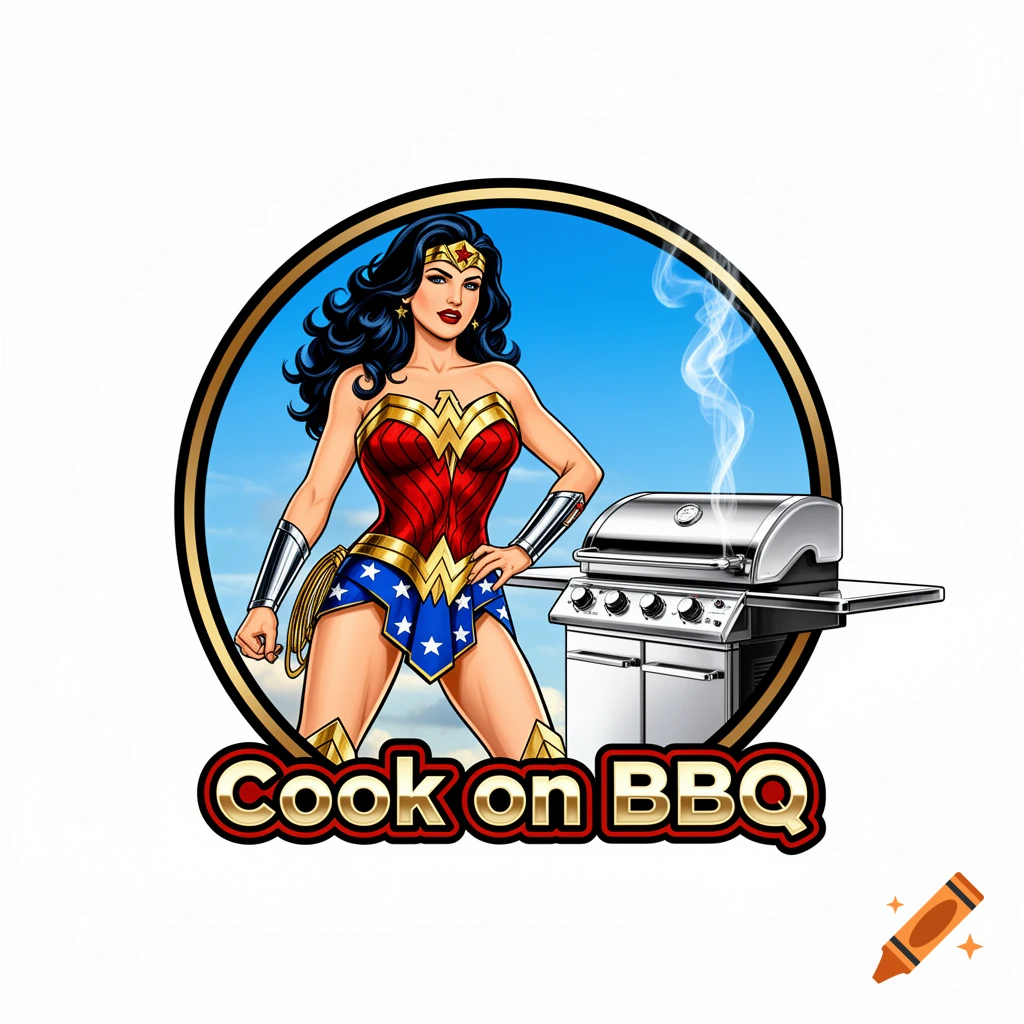 A cartoon logo of Wonder Woman standing next to a smoking BBQ grill, with 'Cook on BBQ' text.