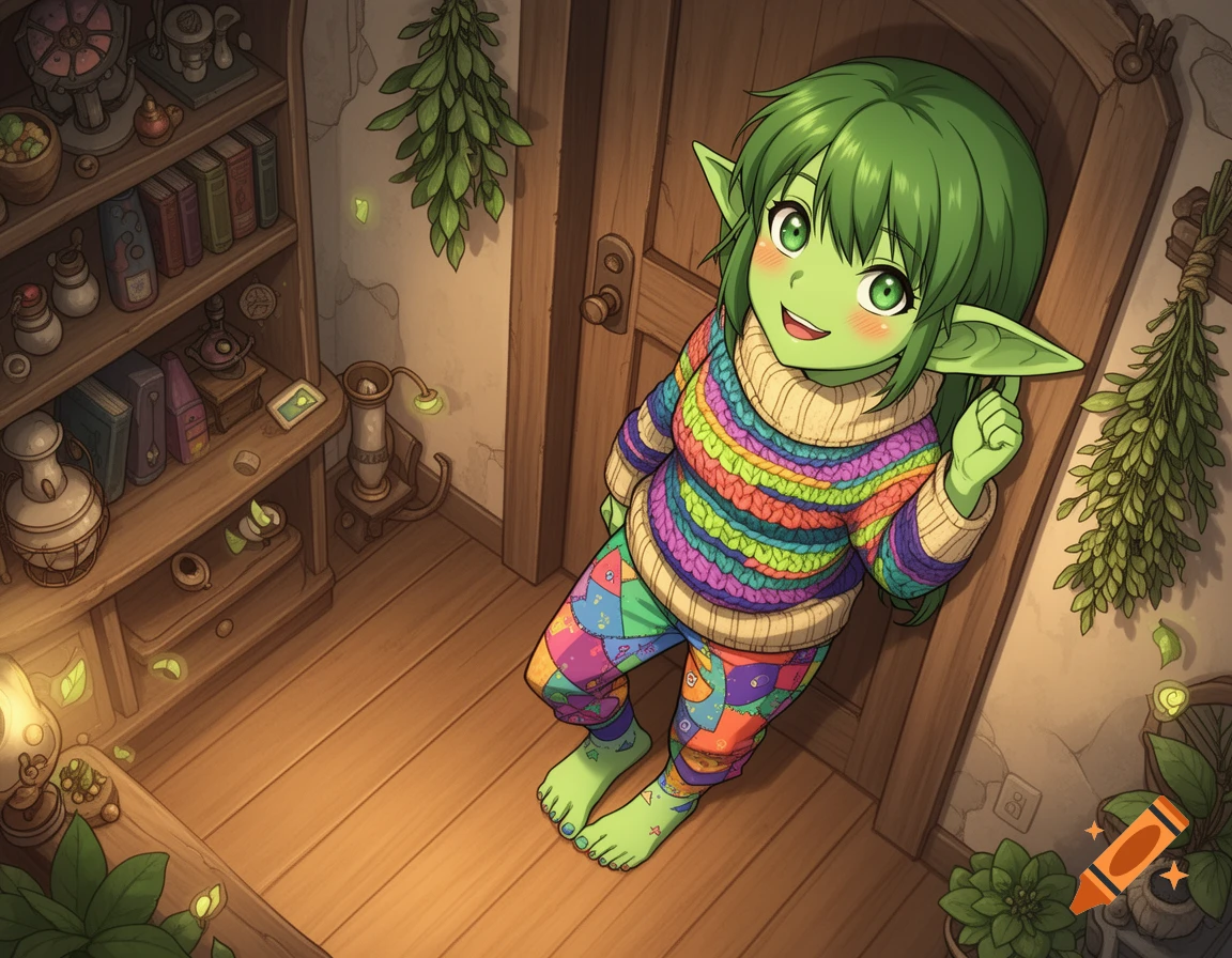 Anime-style green goblin woman in a colorful sweater and patchwork pants, barefoot, smiling playfully in her cozy home.
