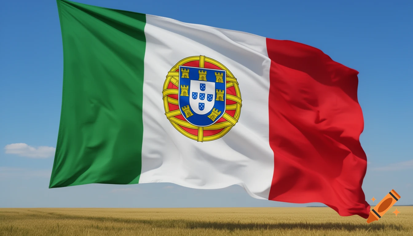 A large flag with green, white, and red vertical stripes featuring Portugal's coat of arms, waving over a golden field under a blue sky.