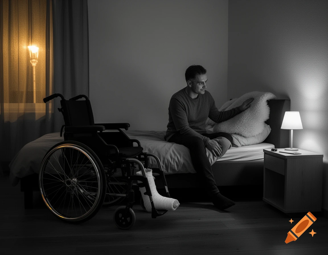 A man with a cast on his leg sits on a bed in a dimly lit bedroom, with a wheelchair beside the bed.
