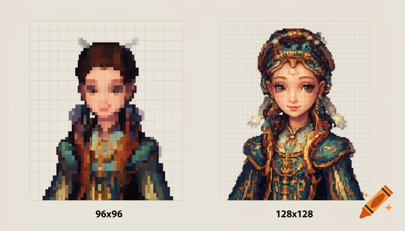 Two pixel art portraits of a female character, one 96x96 with less detail, the other 128x128 with more intricate features.