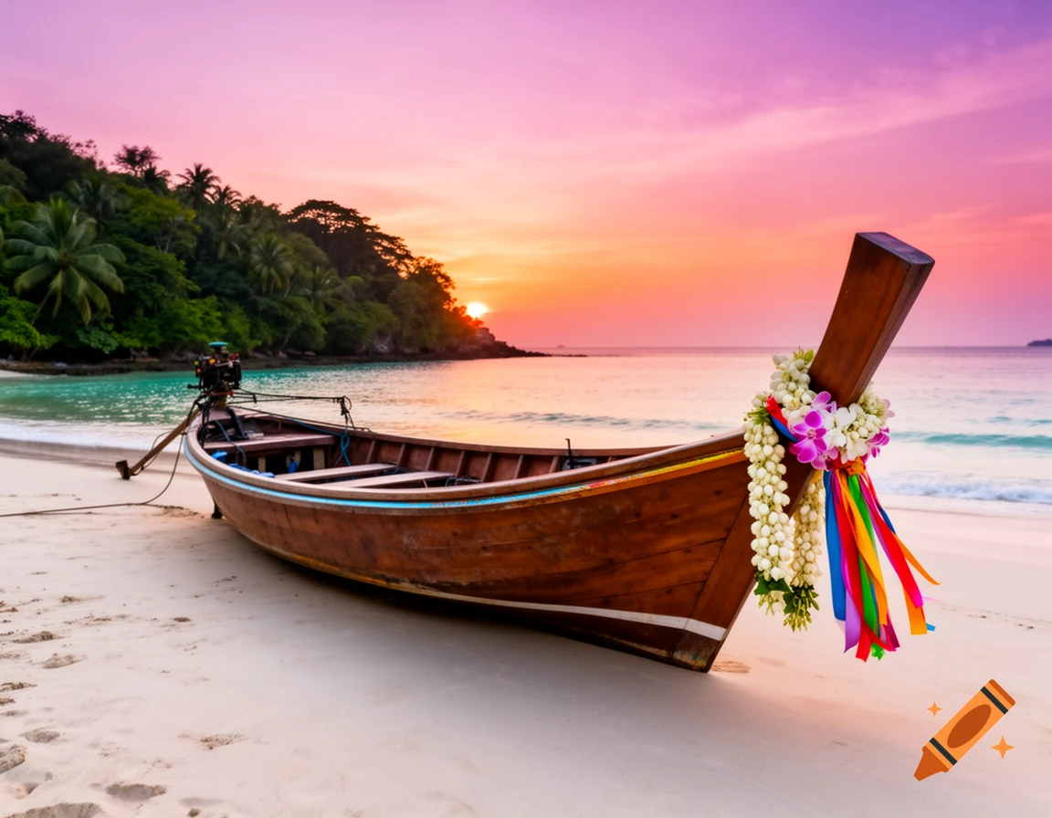 A traditional wooden longtail boat adorned with flowers and ribbons rests on a white sandy beach at a colorful sunset.