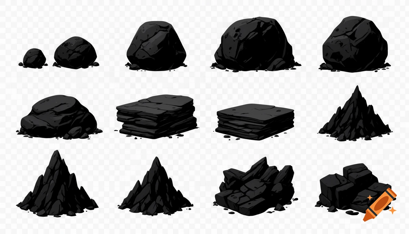 Stylized black rock and stone game assets in various shapes for a 2D platformer.