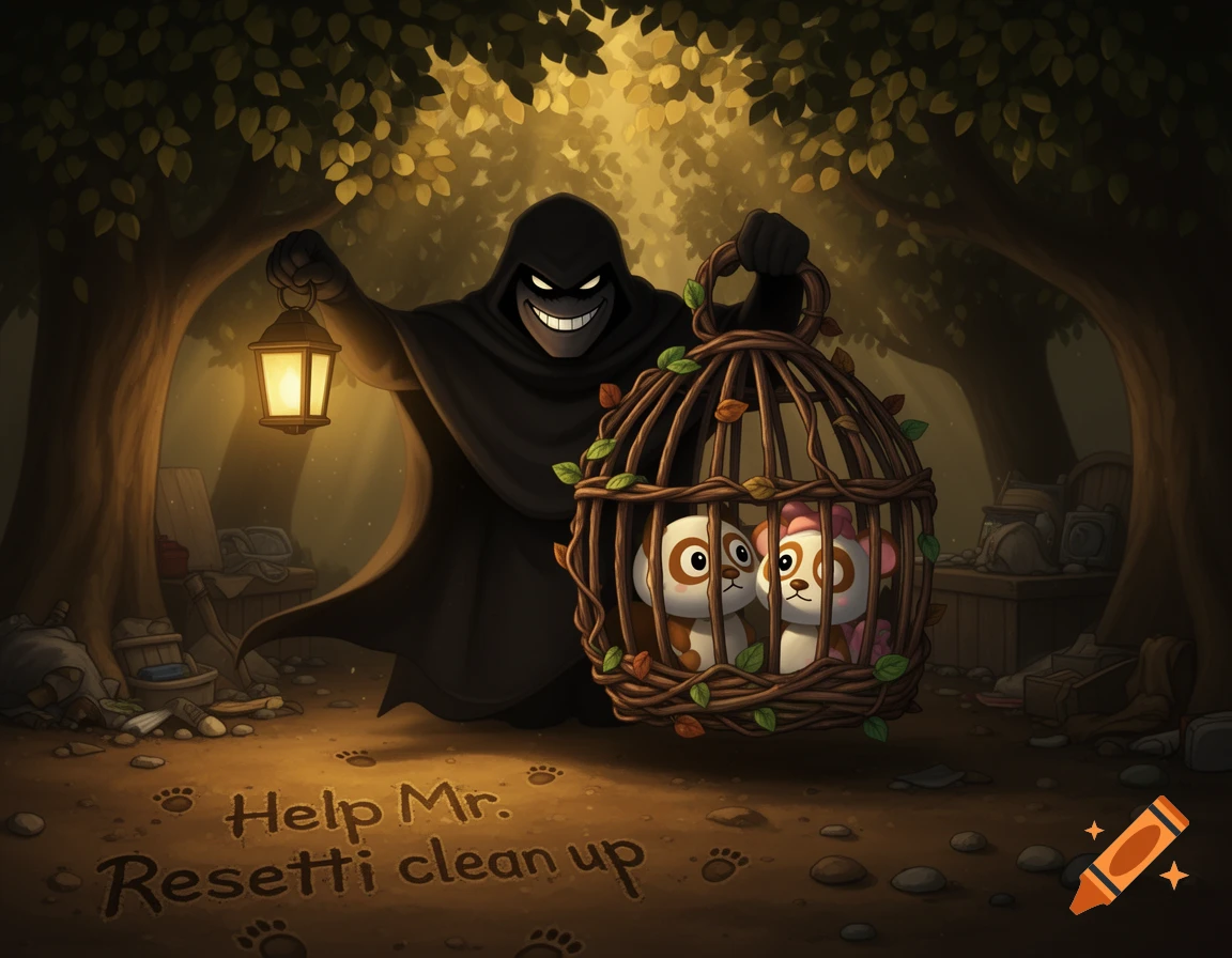 A sinister hooded figure holds a lantern and a cage with two cartoon animal characters in a dark forest. Text on the ground reads, "Help Mr. Resetti clean up."