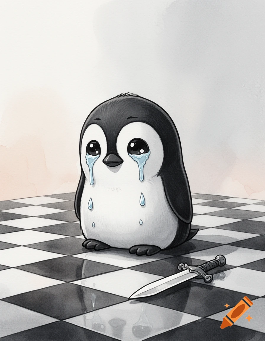 A sad, chubby black and white cartoon penguin with big eyes cries on a checkered chessboard next to a small sword.