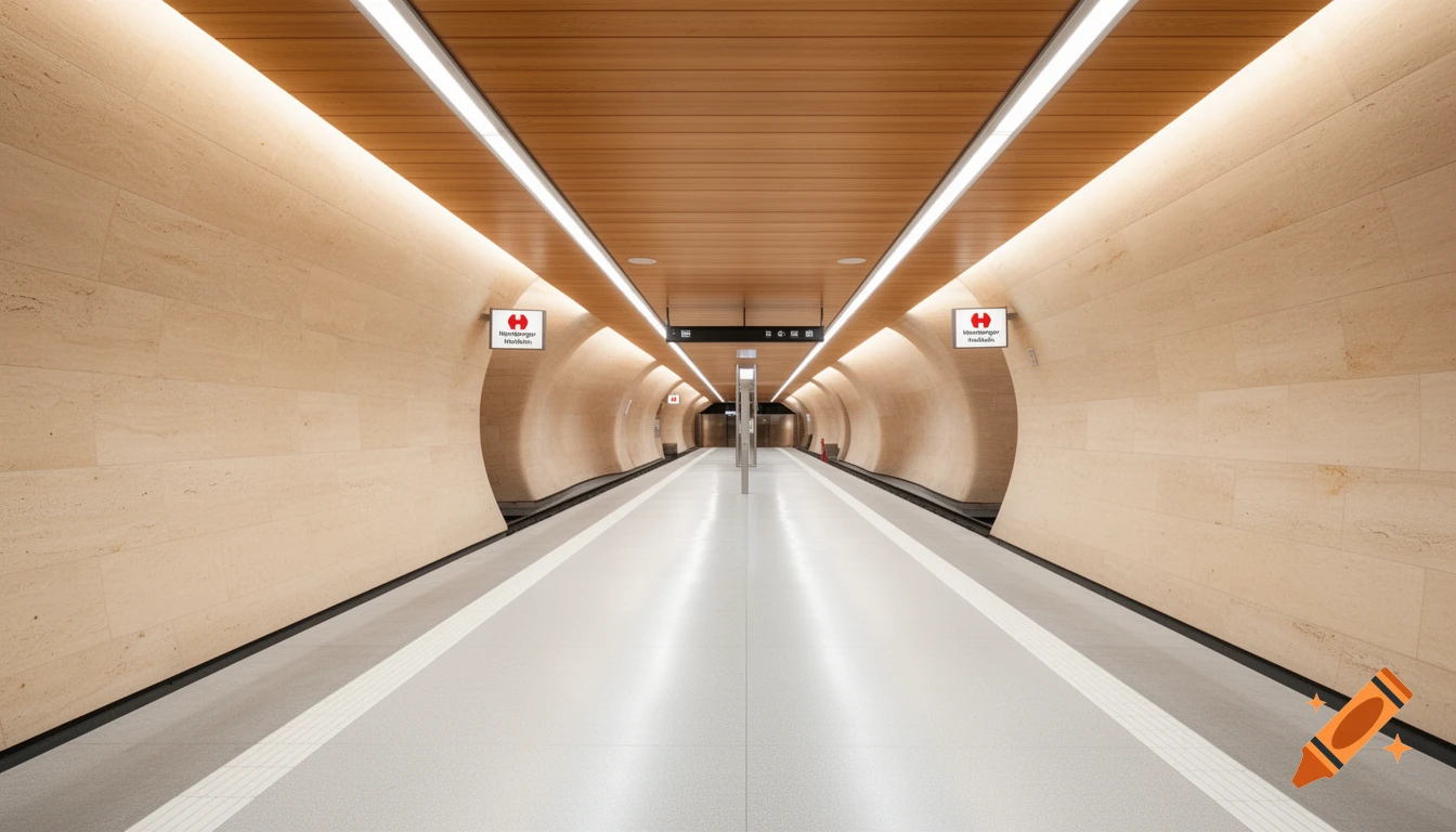 A photorealistic view of a modern underground subway station with light sand-colored walls, wooden ceilings, and a reflective light gray platform.