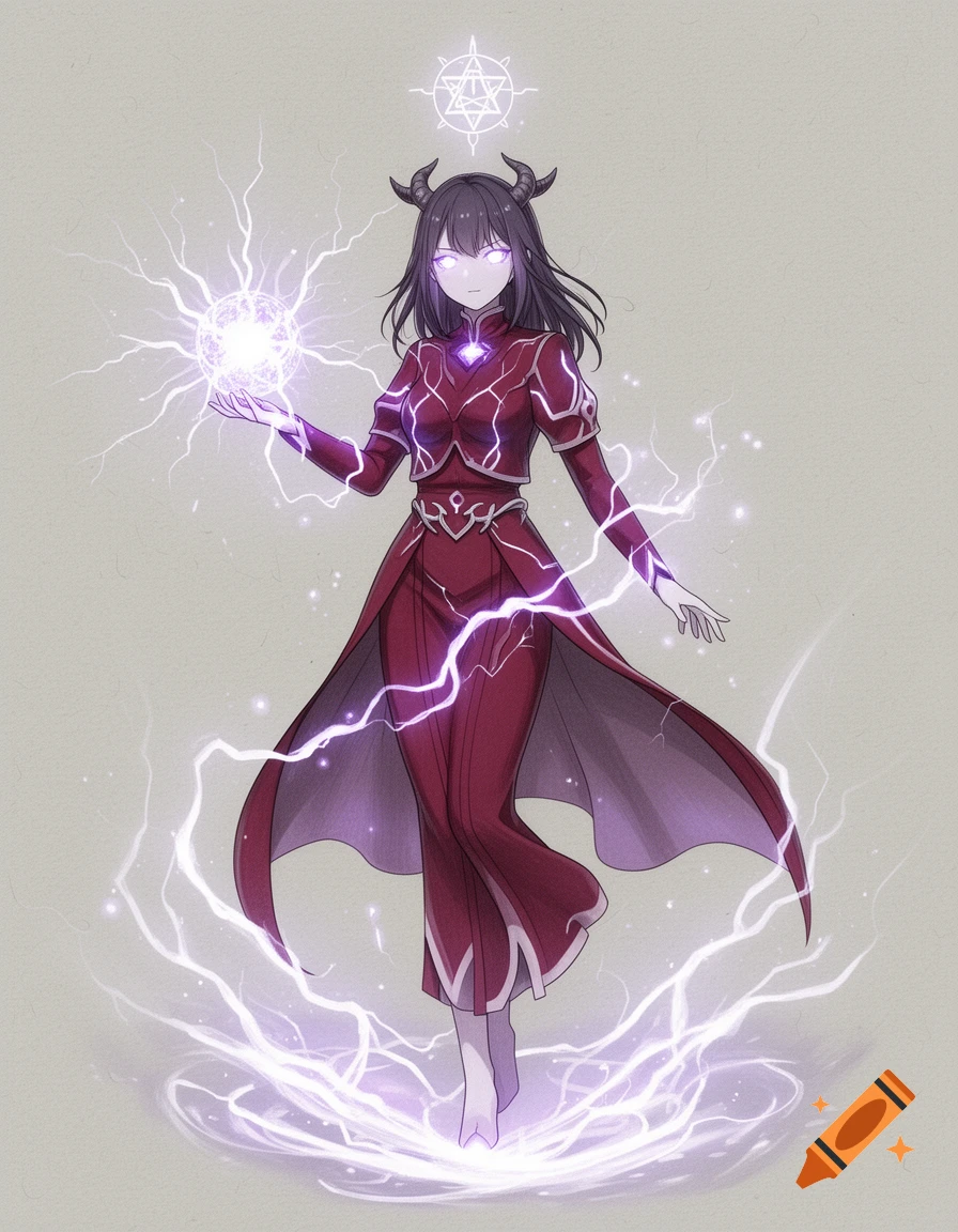Anime illustration of a horned female acolyte with glowing eyes in a red robe, conjuring a purple lightning orb.
