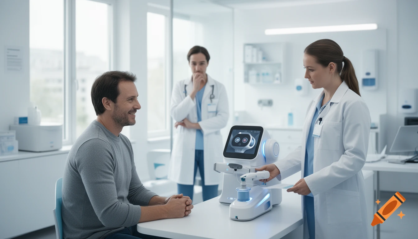 A female medical professional and a robot interact with a smiling male patient in a modern, bright clinic. Another doctor watches in the background.