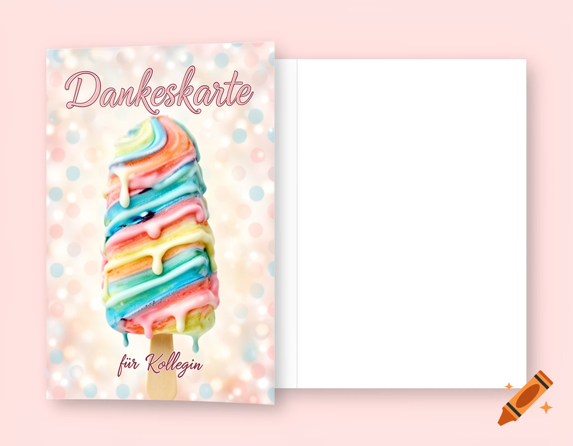 A bright greeting card with a melting rainbow popsicle. Text says 'Dankeskarte für Kollegin'.