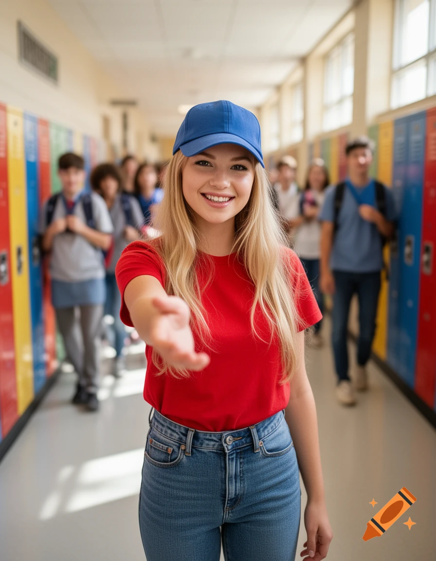 A smiling blonde girl in a blue cap, red t-shirt, and jeans extends her hand in a brightly lit school hallway with other students.