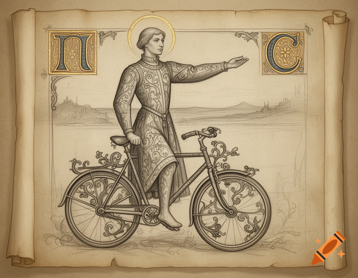A medieval-style sketch of a robed person with a halo standing next to an ornate bicycle, pointing, with illuminated initials.