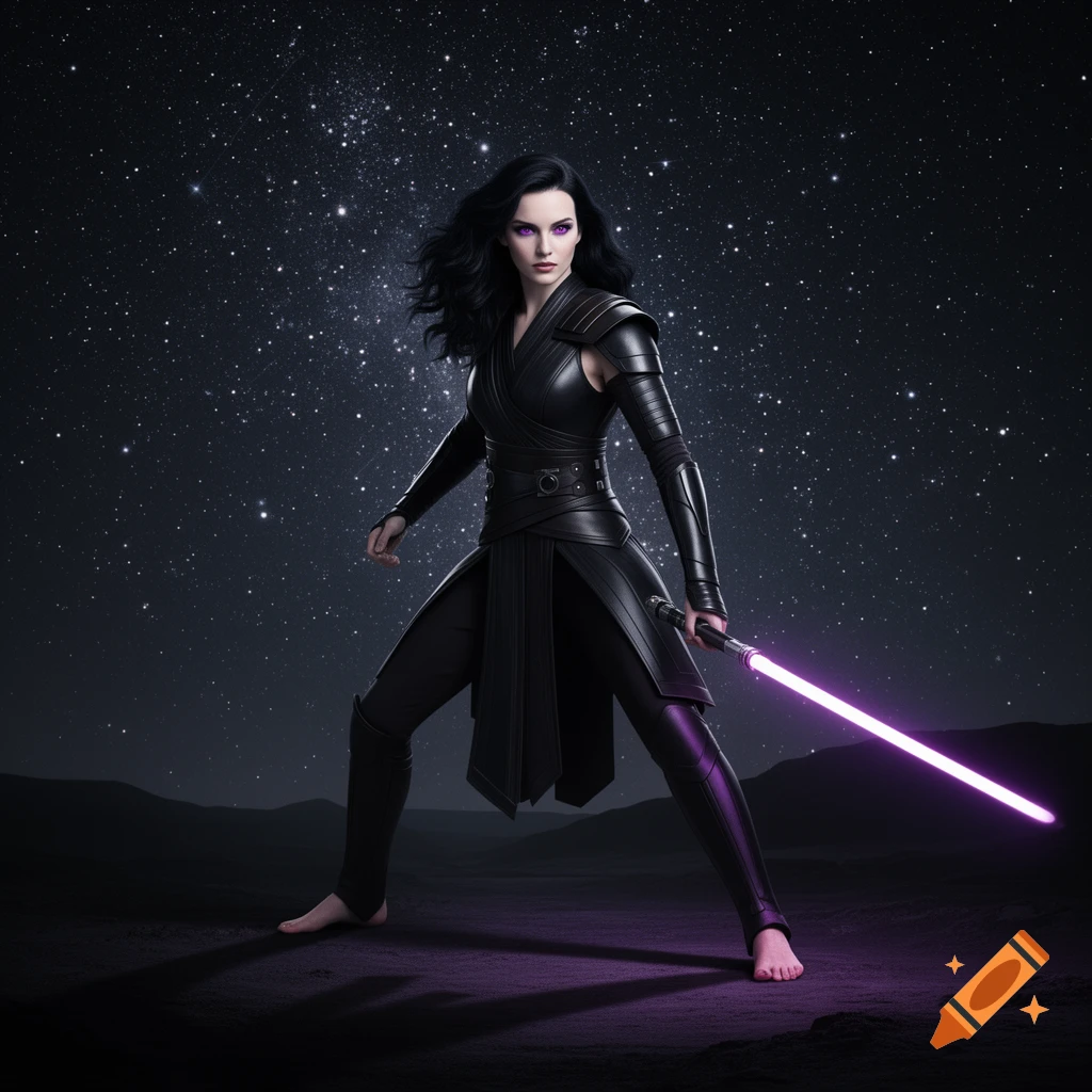 A woman in black armor, with black hair and purple eyes, holds a purple lightsaber on a dark planet under a starry sky.