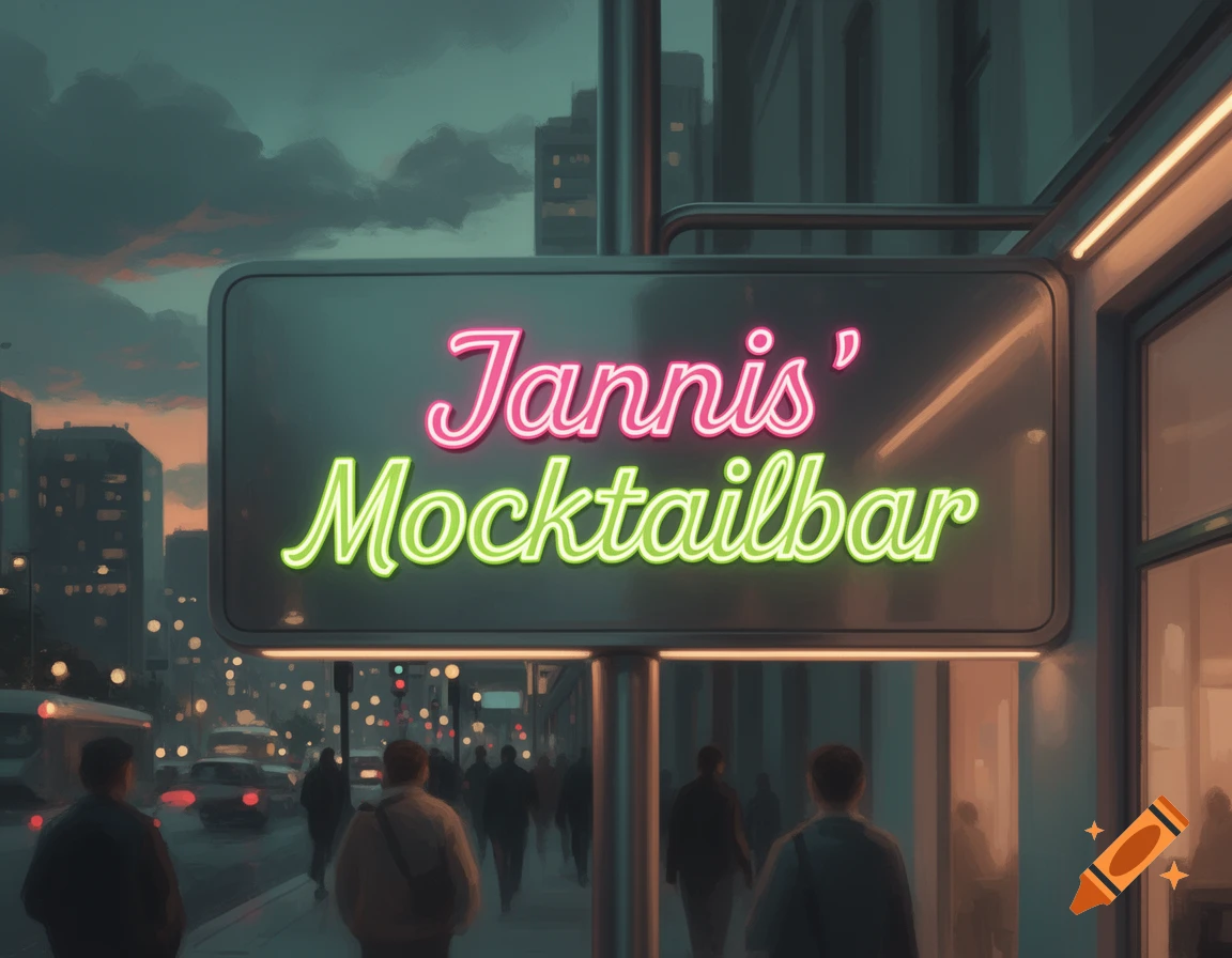 A vibrant neon sign for Jannis' Mocktailbar glows on a city street at dusk, with people and cars passing by.
