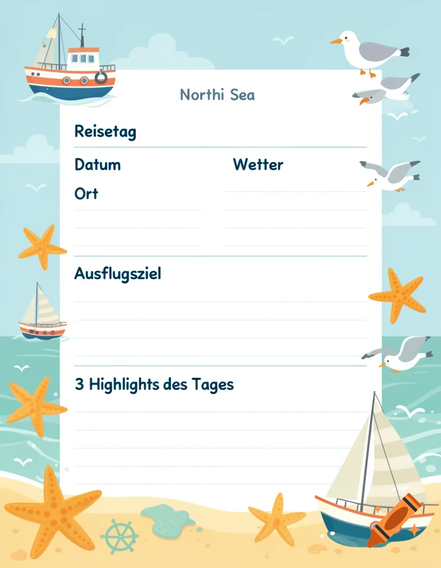 A colorful, childish travel diary template with fields for daily entries, decorated with boats, seagulls, and starfish on a beach and sea background.