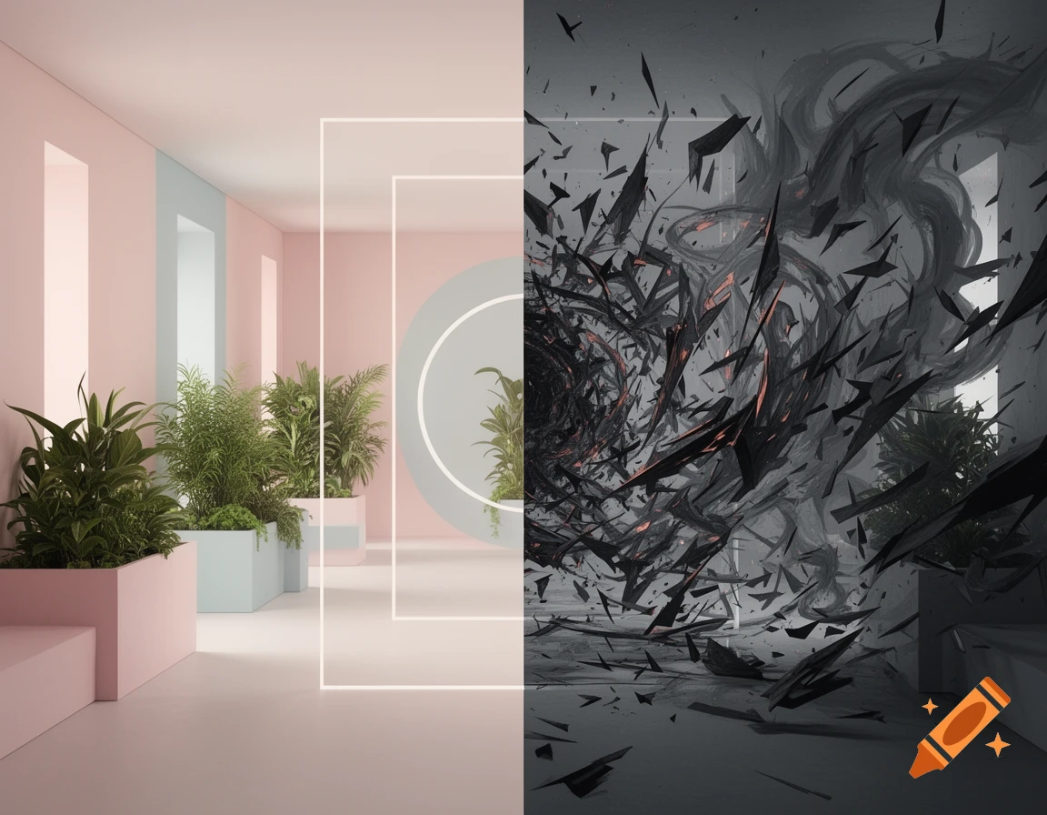 A room split in half, with a minimalist pink and blue interior and plants on the left, contrasting with a chaotic dark explosion on the right.