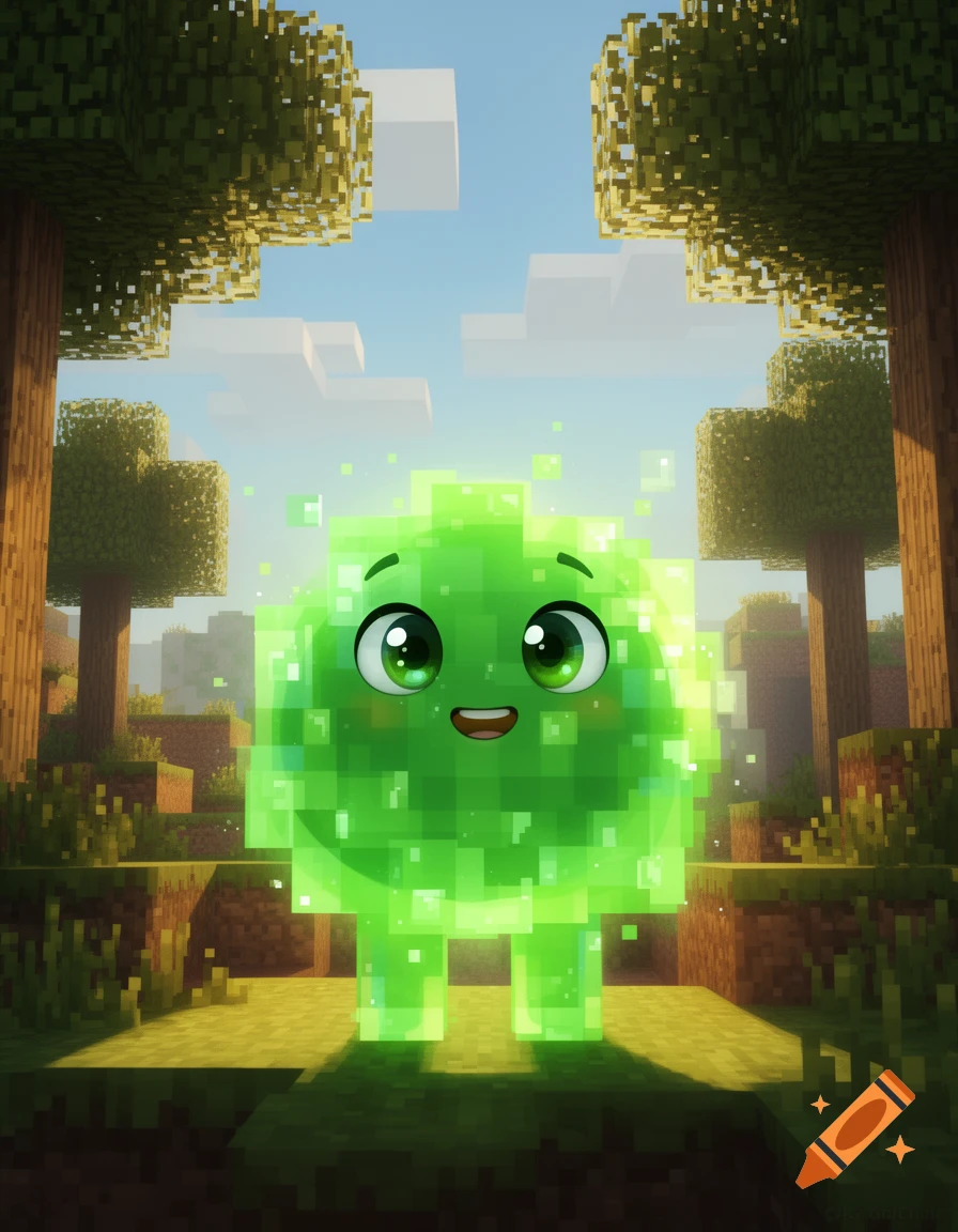 A glowing, cute green slime with big eyes and a smile stands in a blocky Minecraft forest.
