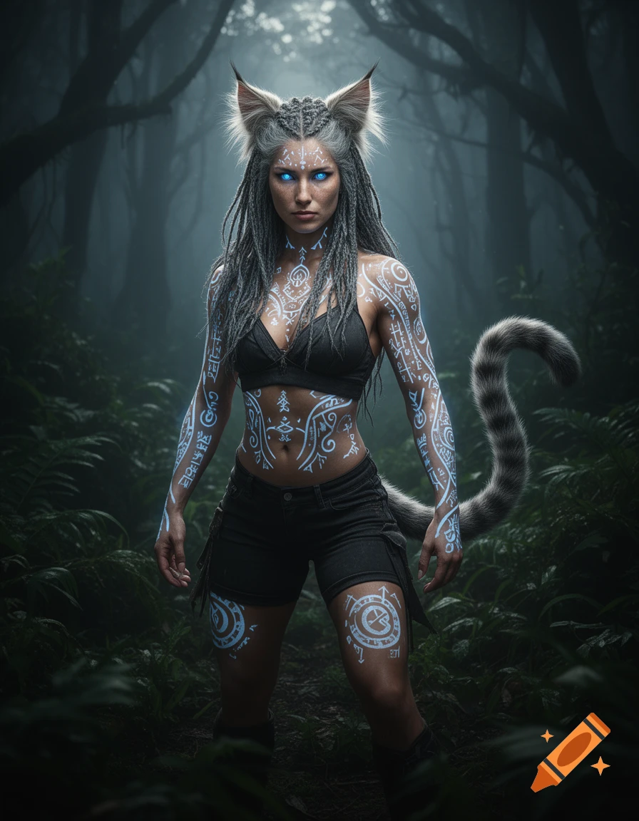 A cat-eared woman with glowing blue eyes and luminous tribal tattoos stands in a misty forest.