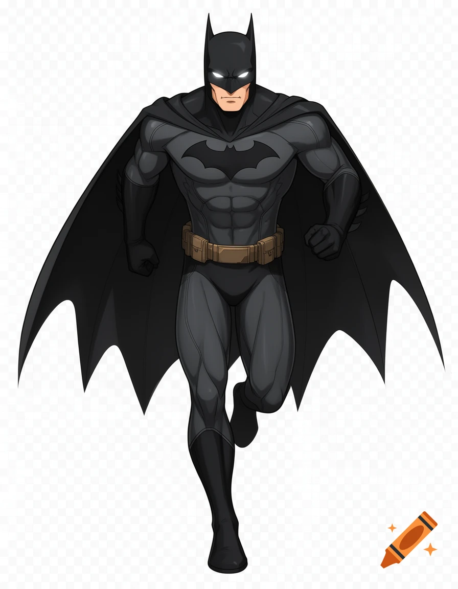 Batman in a sleek matte-black Batsuit and flowing cape, running forward with a determined expression on a transparent background.