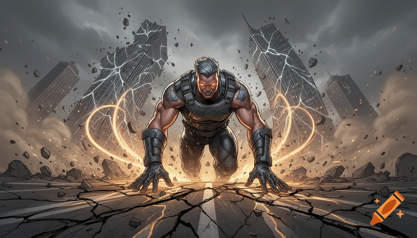 A muscular man with glowing eyes crouches on cracked ground, creating destruction with crumbling buildings and debris in a comic art style.
