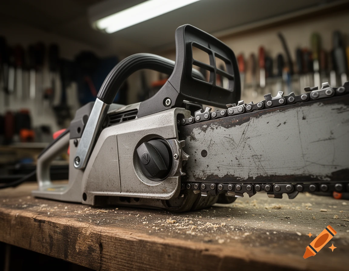 Photorealistic image of a weathered chainsaw with sawdust on a wooden workbench in a workshop, tools blurred in background.