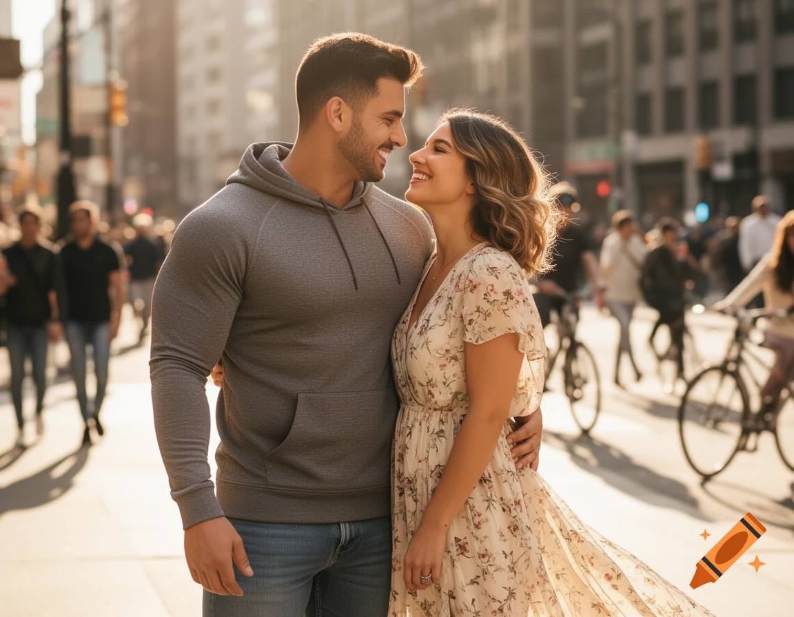 A romantic couple embracing on a sunny city street, looking at each other happily.