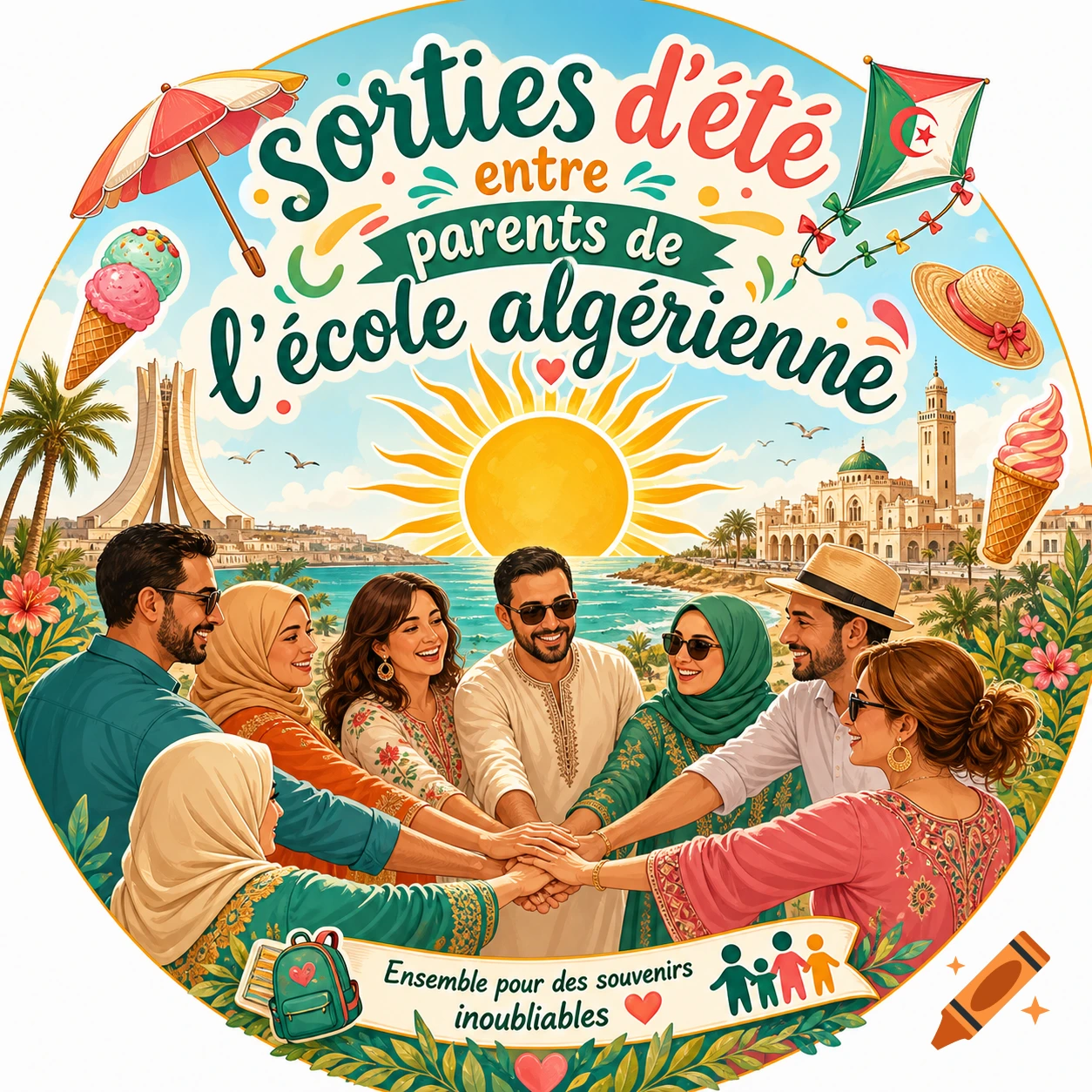Vibrant illustration logo of Algerian parents holding hands on a sunny beach with city landmarks and text 'Sorties d'\u00e9t\u00e9'.