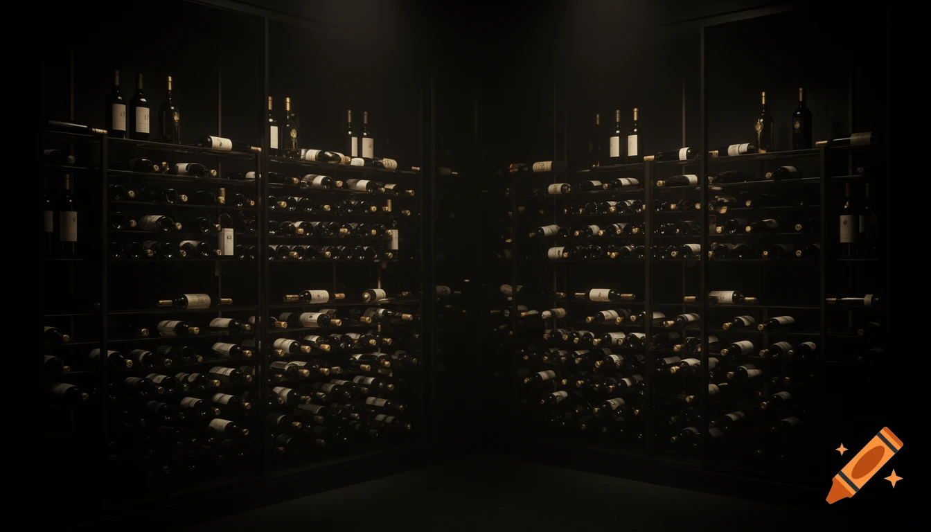 A dark, atmospheric, modern luxury wine cellar with rows of bottles on metal racks, illuminated by warm, selective light.