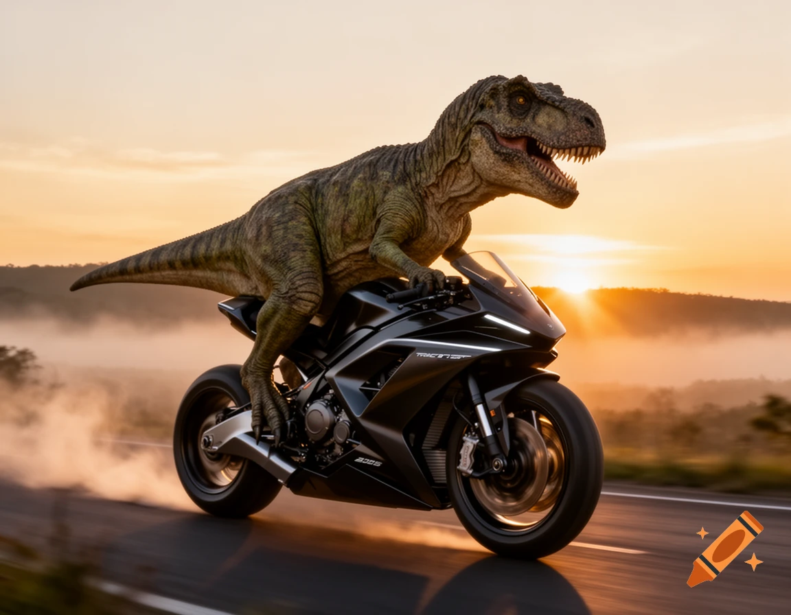 A photorealistic Tyrannosaurus Rex rides a black motorcycle on a road at sunrise, with a misty landscape in the background.