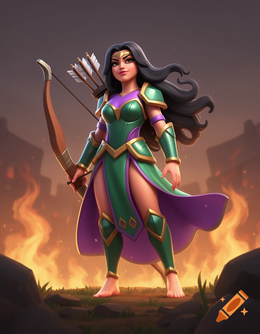 Stylized 3D Archer Queen with long dark hair, green and purple armor, holding a bow, standing barefoot against a fiery background.