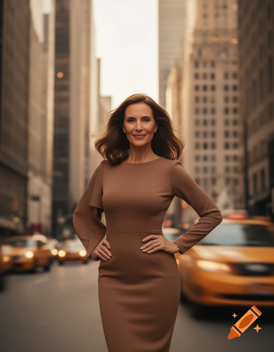 A confident mature woman in a brown dress stands on a city street with blurred yellow taxis and tall buildings.