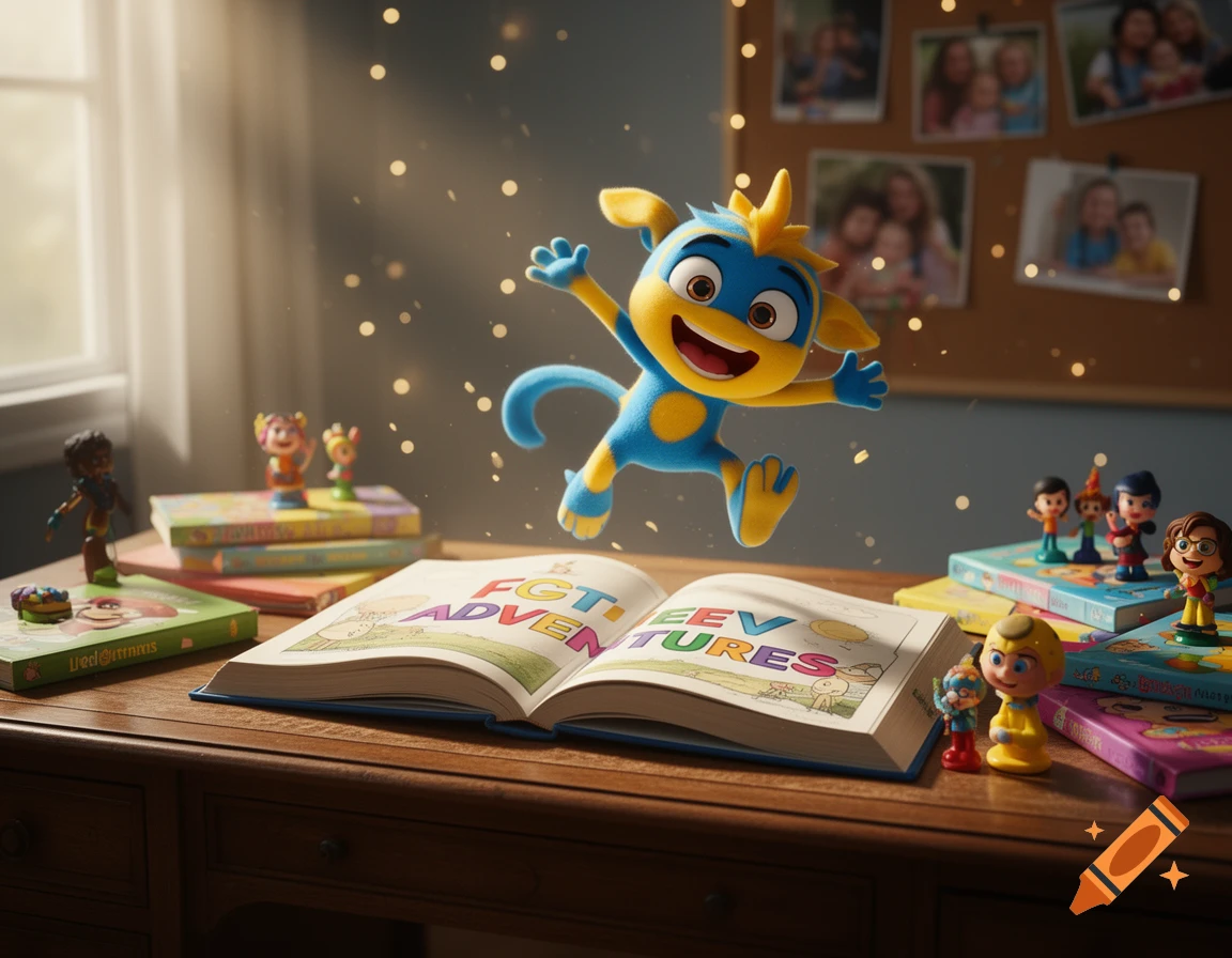 A blue and yellow cartoon character jumps above an open book on a wooden desk. Other small toys and books surround it.