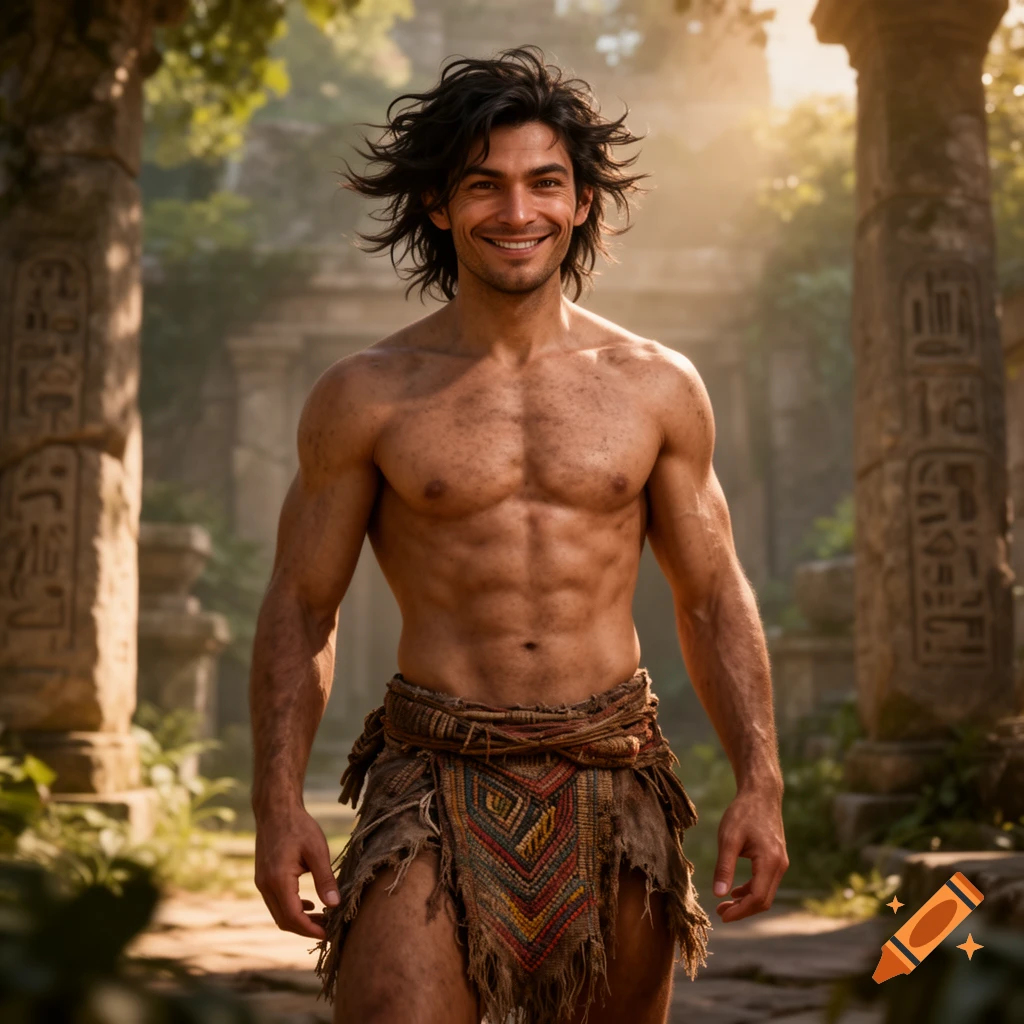 Smiling muscular man with long dark hair, wearing a patterned loincloth, stands in sunlit jungle ruins.