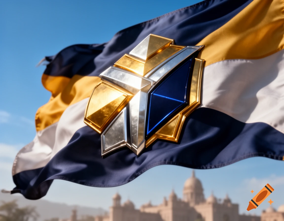 A fictional flag with dark blue, yellow, and white stripes, featuring a glossy gold, silver, and blue metallic emblem, waving against a clear blue sky with blurred architecture in the background.