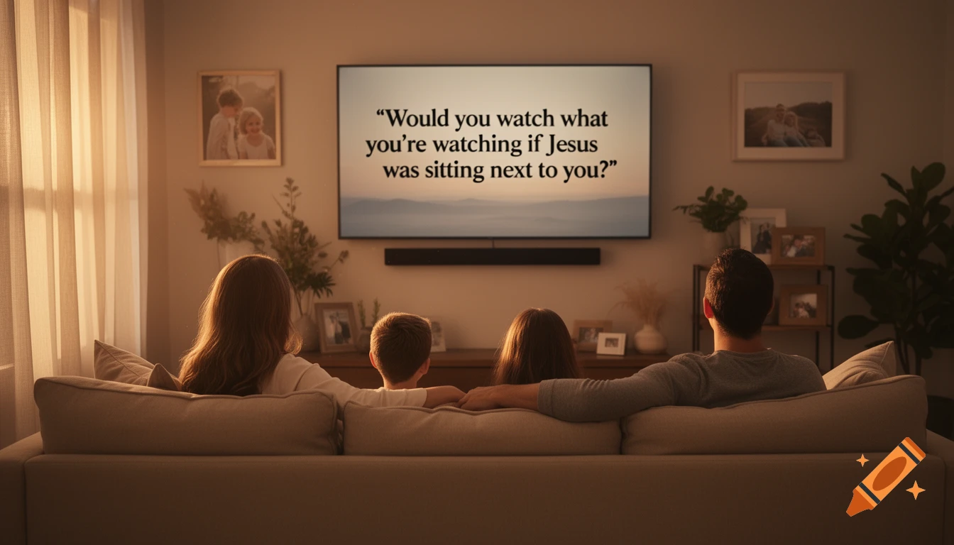A family sits on a couch in a living room watching TV, which displays the text: 'Would you watch what you’re watching if Jesus was sitting next to you?'