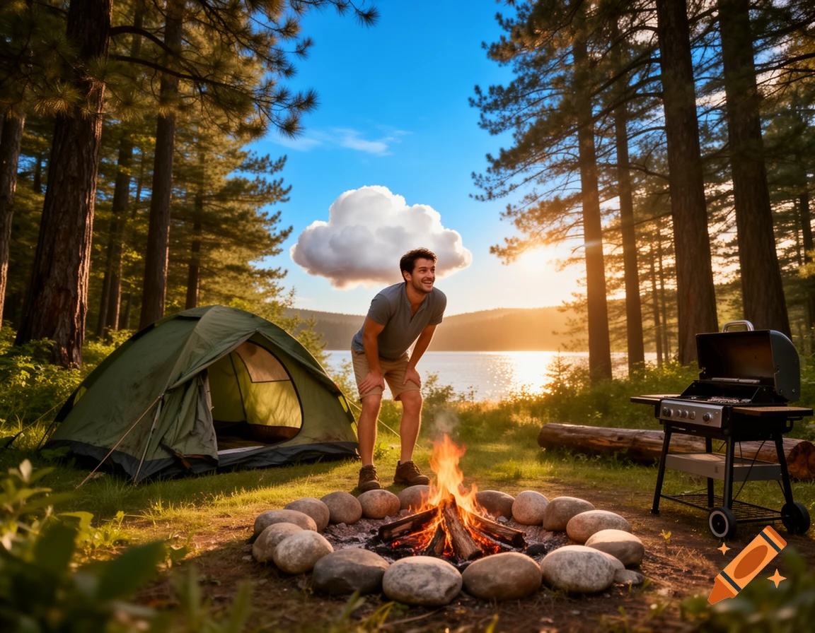 A man smiles while tending a campfire beside a green tent, a lake, and pine trees at sunset. A barbecue grill and a fluffy cloud are also visible.