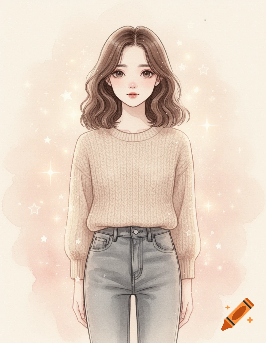 A soft watercolor fashion illustration of a girl with wavy brown hair in a beige knit top and jeans, against a dreamy starry background.