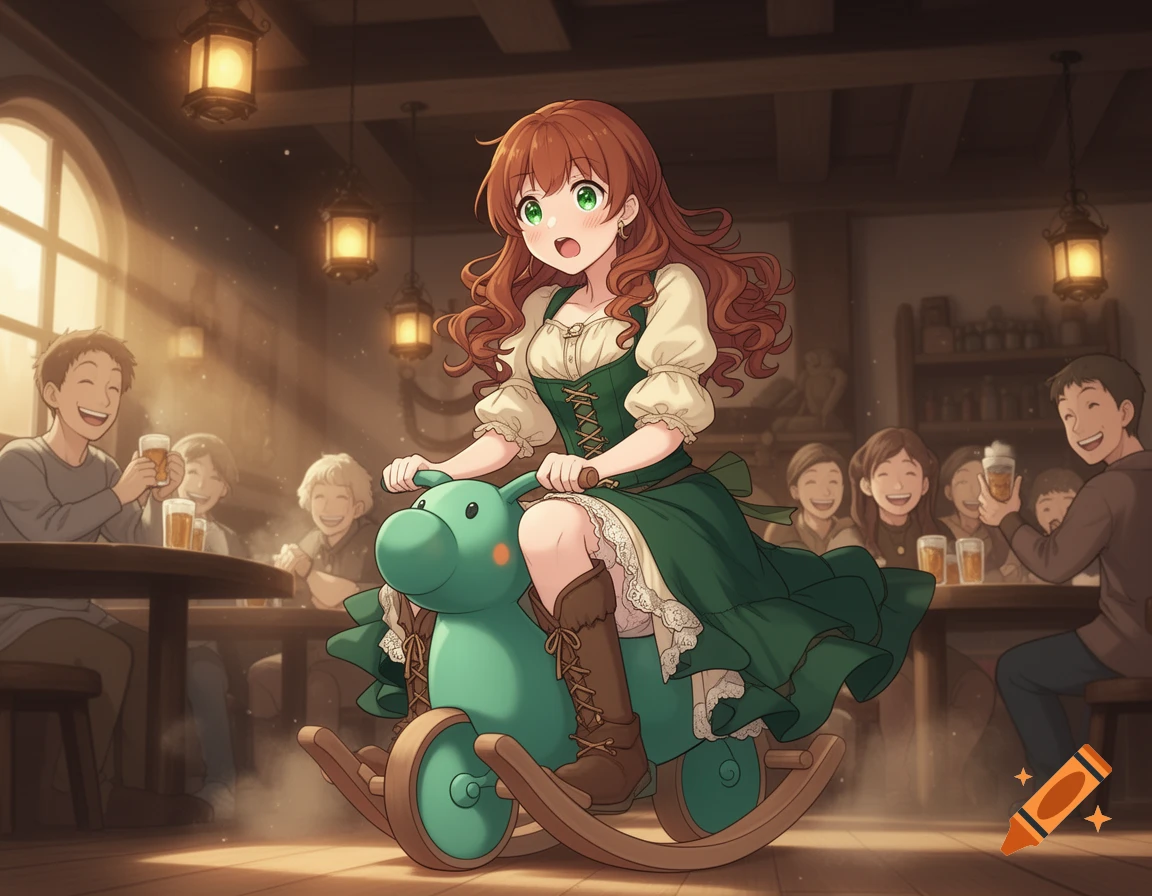 An anime girl with long red hair smiles, sitting on a green rocking horse in a cozy tavern, while people laugh.
