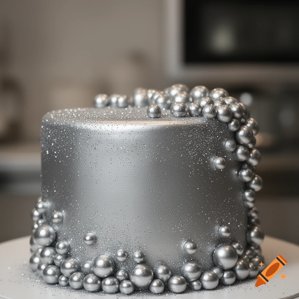 A close-up of a shimmering silver cake adorned with numerous silver edible pearls and glitter, against a blurred background.