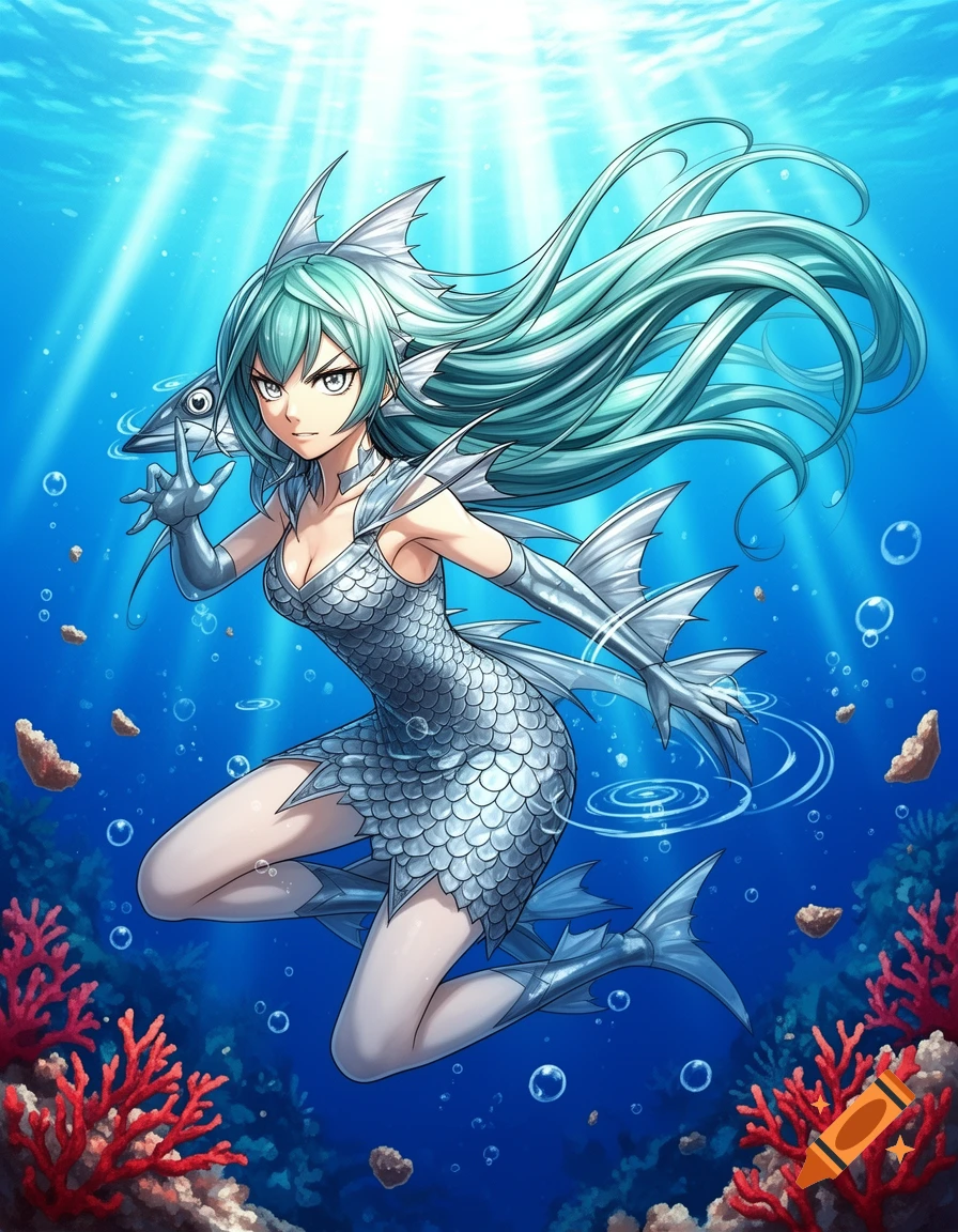 Anime barracuda fish girl with mint green hair, silver scales, and fins in a deep blue underwater scene with coral.