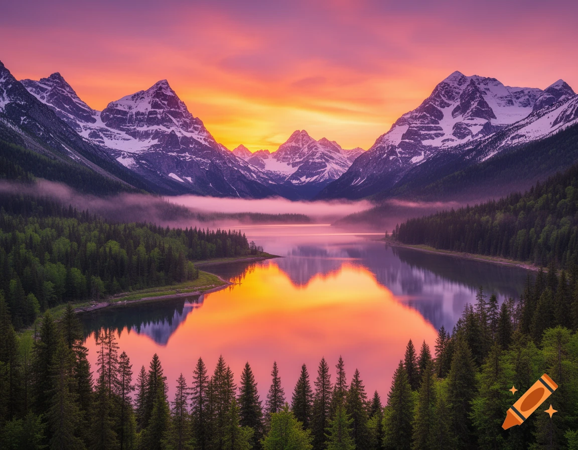 A vibrant sunset over a calm mountain lake with snow-capped peaks and pine forests.