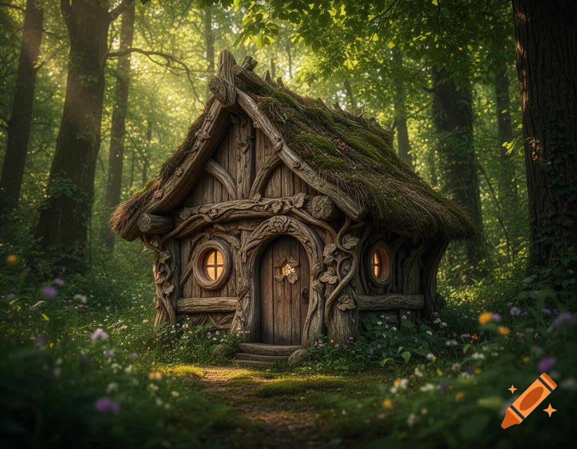 An enchanting tiny wooden cottage with a mossy roof and glowing windows sits in a lush, sun-dappled forest with wildflowers.