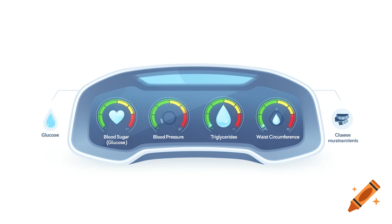 A modern vector infographic of a health dashboard with four gauges for blood sugar, blood pressure, triglycerides, and waist circumference, each showing a health zone.