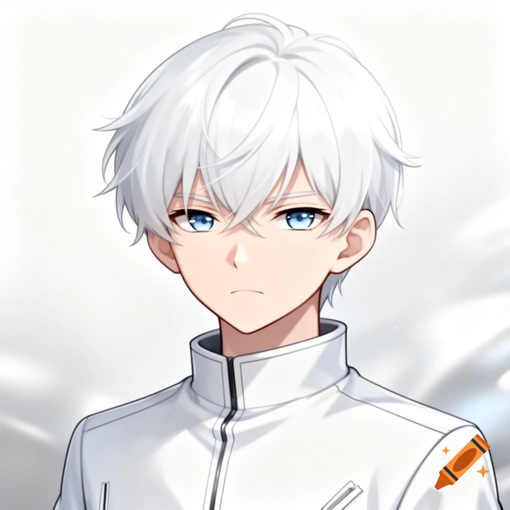 Anime boy with short white hair and blue eyes wearing a white zippered jacket.