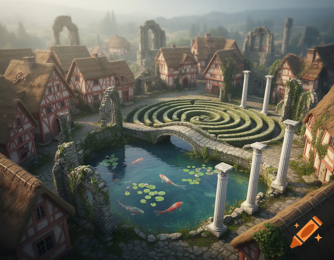 Aerial view of a fantasy town with medieval houses, ancient ruins, a koi pond, a stone labyrinth, and columns.
