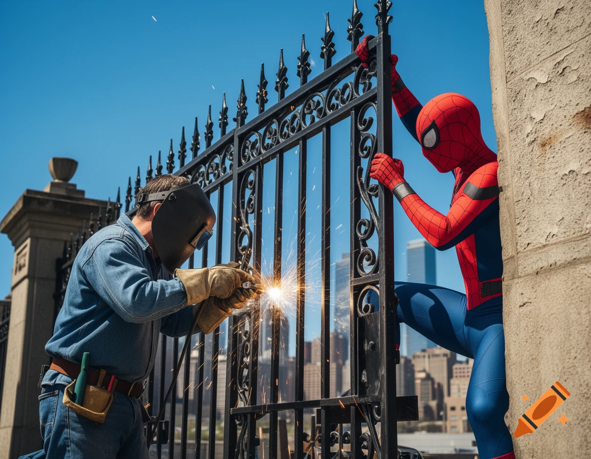 A welder in a mask works on a metal gate while Spider-Man holds it from behind, with a city skyline in the background.