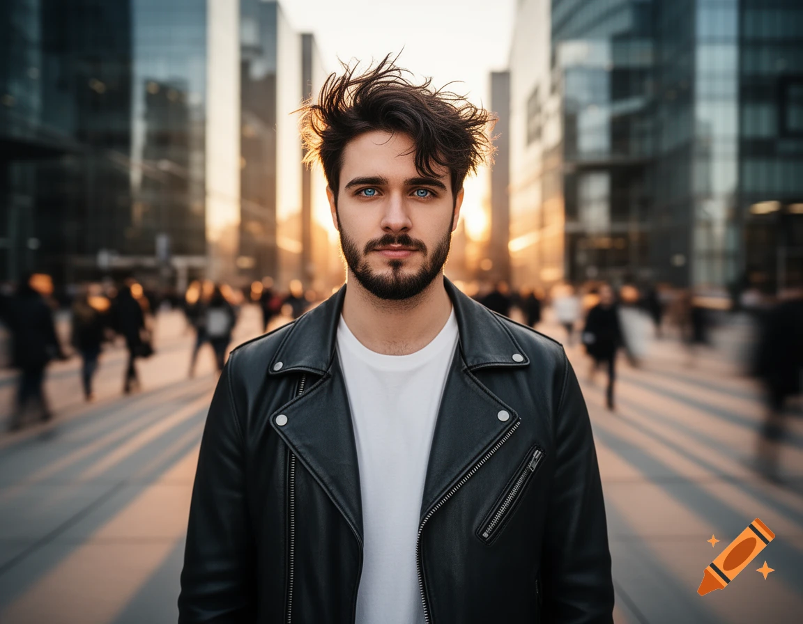 A photorealistic portrait of a man with blue eyes and a beard, wearing a black leather jacket, on an urban street at sunset.