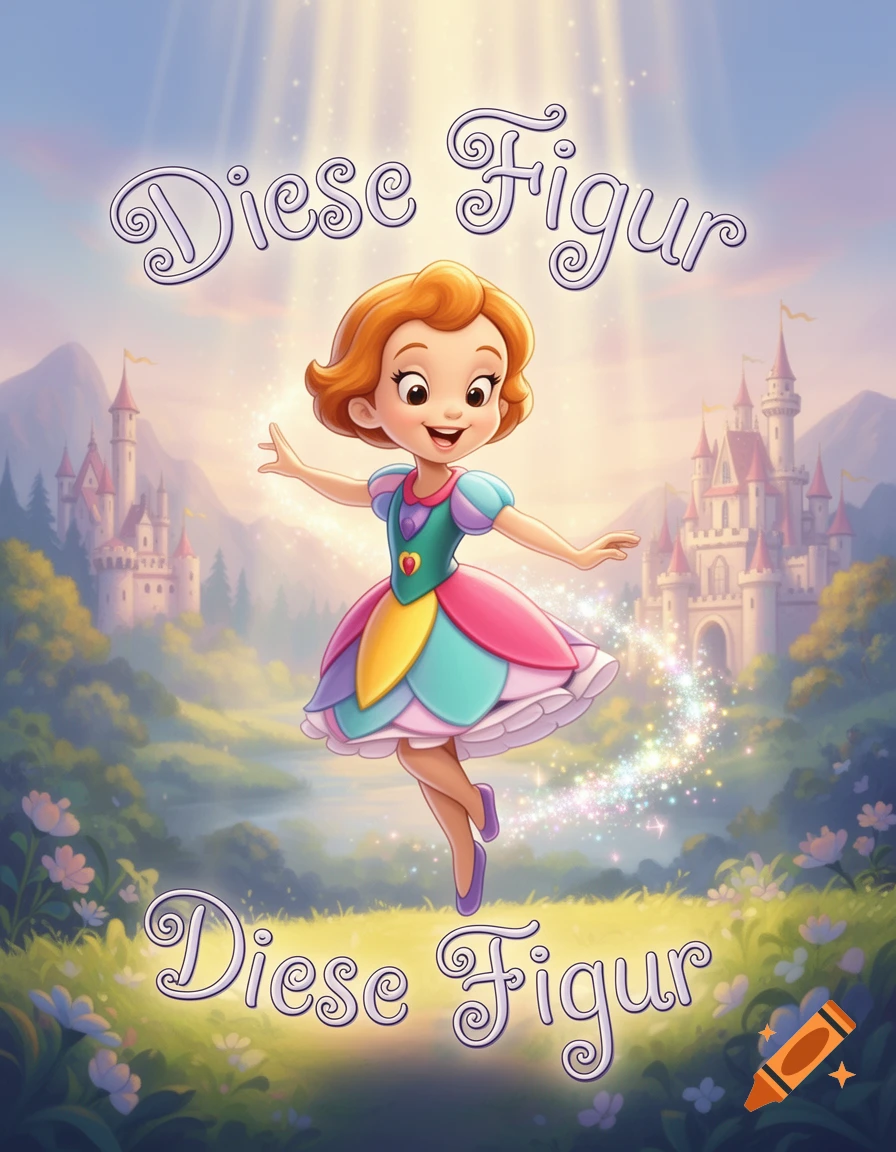 Cartoon girl in a colorful dress dancing in a magical fairytale landscape with castles, Disney style.